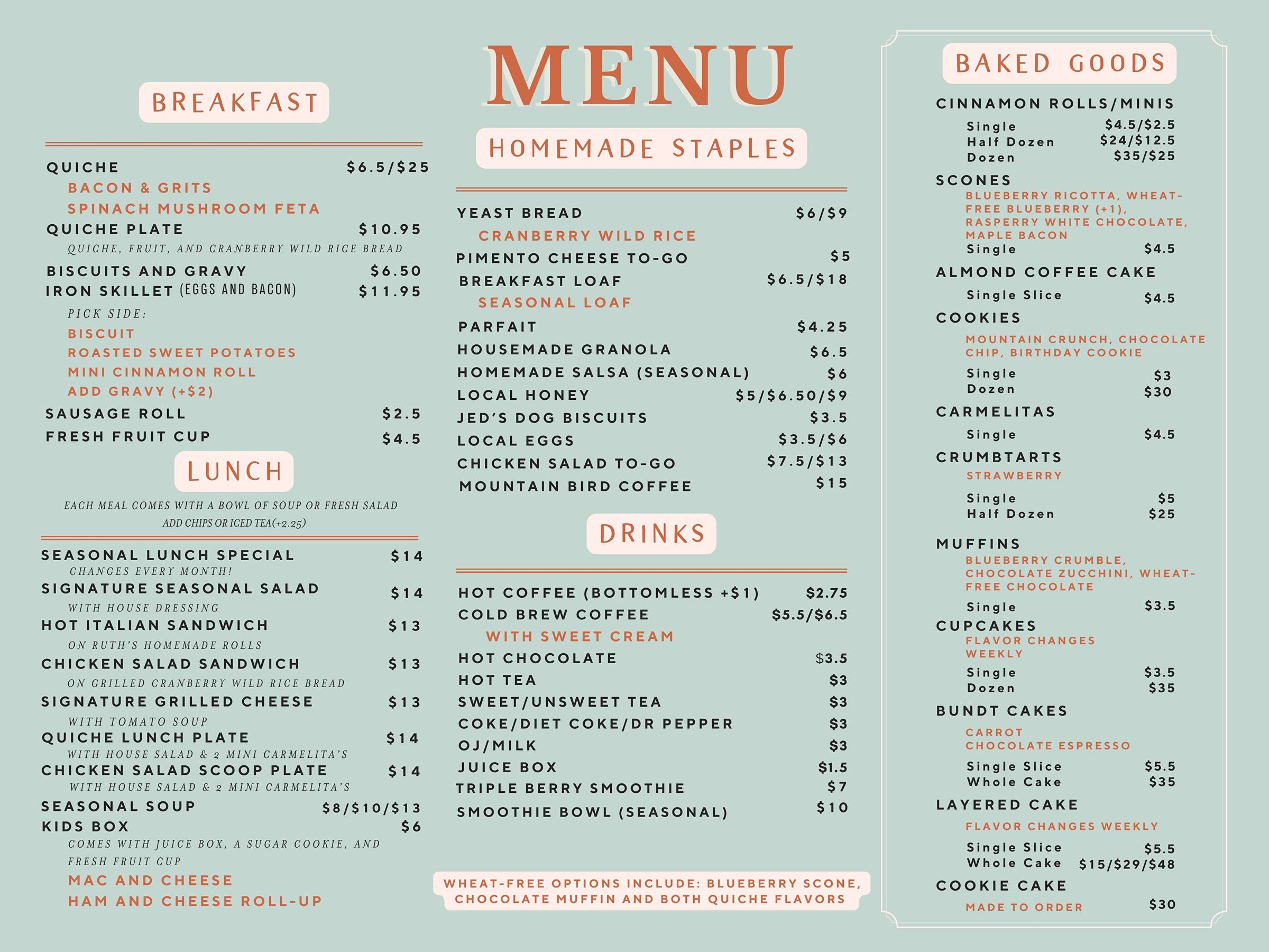 Humble Crumb’s printed menu: breakfast, lunch, homemade staples, drinks, and baked goods. Item details are also available in the digital menu.